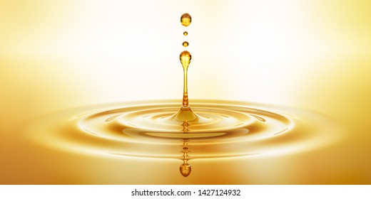 Drop of golden oil -  concept of wellness and beauty products - 3D illustration