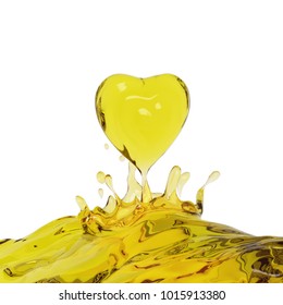 Drop splash heart shape of liquid yellow oil isolated on white background. Design creative concept for love or valentine. 3D rendering illustration.