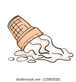 Dropped Soft Ice Cream Doodle Cartoon Isolated Clipart On White Background Illustration Of Vanilla Icecream In Waffle Cup