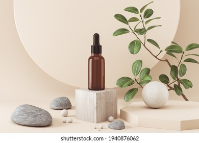 Dropper glass bottle with cosmetic oil or serum, on minimal nature podium display background, 3d rendering.