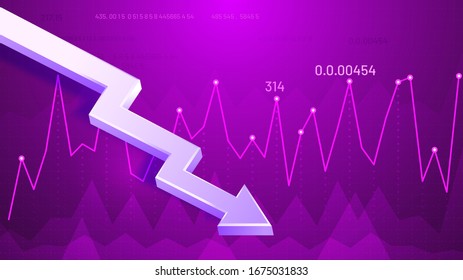 Dropping Graphic Arrow. Profit Reduction Schedule, Financial Debt Graph And Income Loss 3D Arrow  Illustration. Business Downturn, Company Income Decline. Decreasing Stock Market Trend Forecast