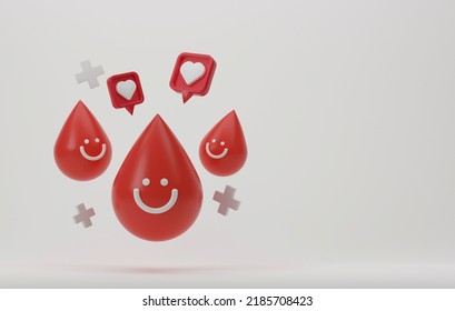 Drops Of Blood With A Cute Happy Face With A Red Cross Mark On A White Background. Blood Donation On The Occasion Of World Blood Donor Day. 3d Render Illustration.