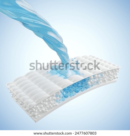 Drops of water flow through a layer of white fabric fiber.diapers and adults, sanitary napkins, mattress pads to absorb, 3d rendering.