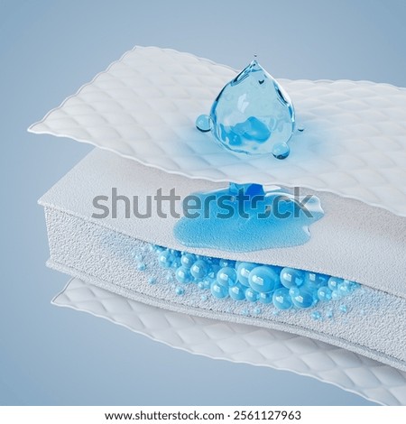 Drops of water flow through a layer of white fabric fiber, Absorbent layers with Liquid droplet, with clipping path 3d rendering