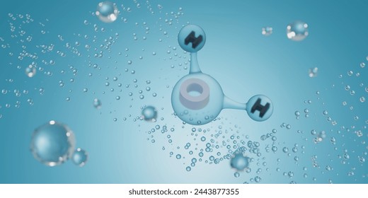 Drops of water and molecule. 3d render.