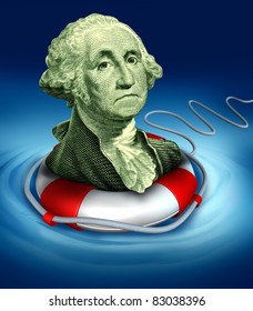 Drowning dollar bill symbol featuring the vintage portrait of George Washington with a life preserver in the water saving the downgraded American currency during a dangerous recesion and U.S. economy.
