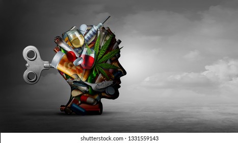 Drug Addiction And Mental Function With The Use Of Alcohol Prescription Drugs As A Psychiatric Or Psychiatry Effects On The Brain With Recreational Or Medication With 3D Illustration Elements.