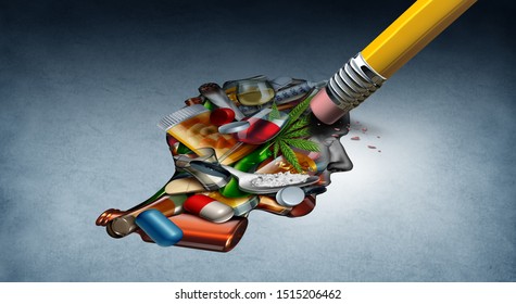Drug addiction therapy and substance abuse treatment support as a mental health for an addict as a concept with 3D illustration elements.