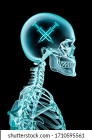 Drug addiction x-ray / 3D illustration of male human skeleton with medical syringes inside head