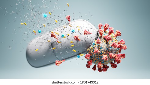 Drug For Coronavirus Covid-19. Pill Destroying Covid19 Virus. Medicine, Pharmacy. 3D Illustration