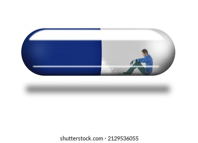 Drug dependency and addiction is illustrated with a person inside a drug capsule and his is visible through the clear wall of the capsule. This is a 3-d illustration.