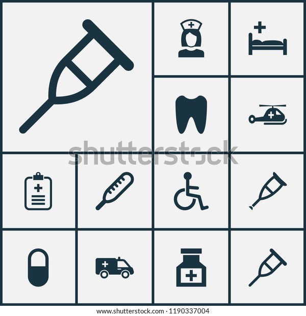 Drug icons\
set with medicine, temperature, crutch and other polyclinic\
elements. Isolated  illustration drug\
icons.