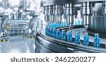 Drug manufacturing process.  Conveyor with medical ampoules line at a modern pharmaceutical plant. Pharmacology production, medicine industry from laboratory 2 factory, pharmacy. Healthcare, pharma 3D