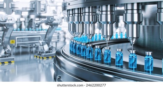 Drug manufacturing process.  Conveyor with medical ampoules line at a modern pharmaceutical plant. Pharmacology production, medicine industry from laboratory 2 factory, pharmacy. Healthcare, pharma 3D - Powered by Shutterstock