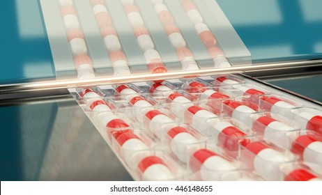 Drug Production. Pharmaceutical Machinery For Medicine Production Pills. 3d Rendering