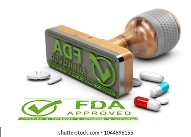 Drugs approval concept. Rubber stamp with the text FDA approved and pills over white background. 3D illustration
