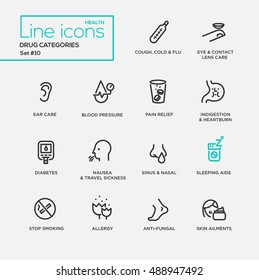 Drugs Categories - Modern Plain Simple Thin Line Design Icons And Pictograms Set. Cough, Flu, Eyes, Ear Care, Blood Pressure, Pain Relief, Indigestion, Diabetes, Nausea, Nasal, Sleeping Aids