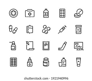 Drugs line icon. Medicine prescription, pharmacy recipes, pills capsules inhaler.  medical supplies for clinic and hospital, capsule and pill medication linear pictogram