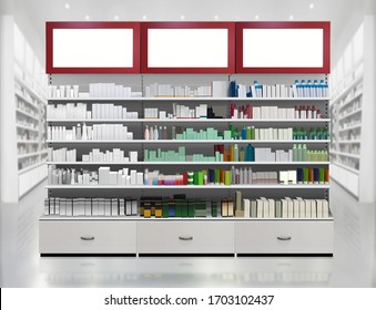 Drugs and pills on shelf. Skincare and Cosmetic products on shelves in pharmacy store interior. 3D rendering illustration Suitable for presenting new products designs, labels among many others
