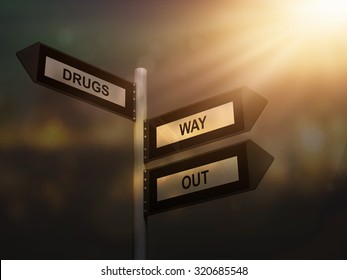 Drugs Way Out Problem Sign. Prevention And Cure Drug Addiction Problem Concept.