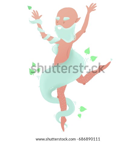 Druid with a long and blue beard dancing on background of leaves. Character design for children's books, stories, banners, advertising. Fairy tale digital art in cartoon style. Raster illustration.
