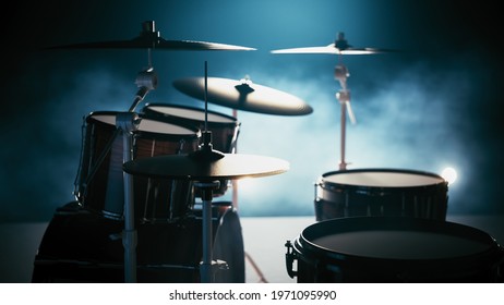 Drum Kit Against The Light. Drum Set Equipment In Studio No People. 3d Illustration