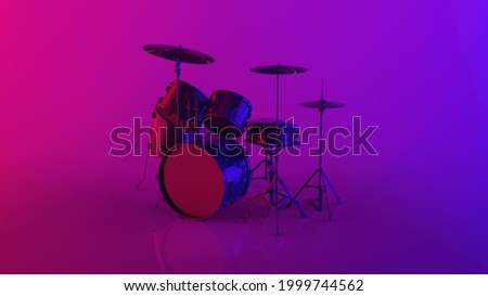 The drum kit set isometric view isolated in a purple room and is illuminated by neon light equipment in cyberpunk style iluminated by neon light and reflected on the glossy floor 3d render image Imagine de stoc © 