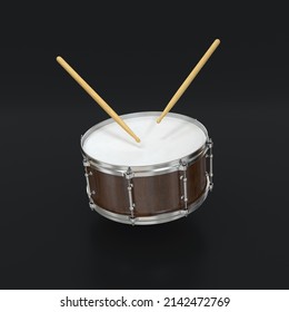 Drum made of dark wood with sticks floating on a black background, 3d render