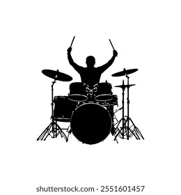 Drum Set Performance, Silhouette Vector Illustration.