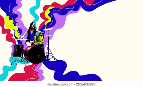 Drummer in action, surrounded by swirling colors of rhythm, bringing beats of funk and rock to life. Light background with abstract elements. Creative art collage. Music, festival, creativity concept - Powered by Shutterstock