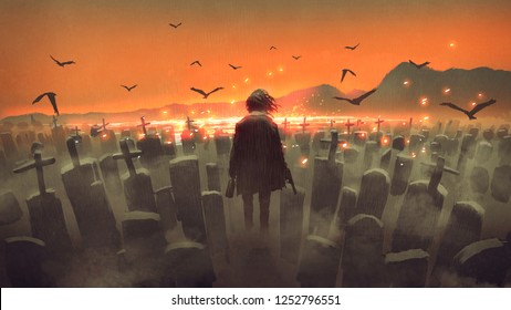 Drunk Man With A Gun Walking In A Graveyard, Digital Art Style, Illustration Painting