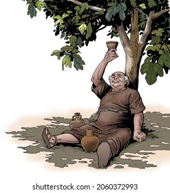 Drunk Old Man From Ancient Rome Drinks Wine Sitting Under A Tree