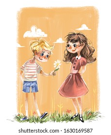 Dry brush like illustration  blond 
haired little boy who is gifting daisy to his sweetheart warm day in park and flowers to reveal his feelings for the girl