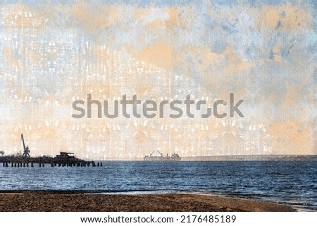 Dry cargo ship with open holds is anchored in the middle of a wide river. Five-cargo ship in the outer roadstead of Nikolaev sea port. Digital watercolor painting