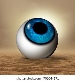 Dry Eye Disease Medical Concept As A Human Eyeball In An Arid Desert As An Ophthalmology Or Optometry Symbol For Vision Organ Symptoms Of Dryness And Hydration Therapy With 3D Illustration Elements.