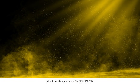 Dry ice smoke clouds fog floor texture. Perfect yellow spotlight mist effect on isolated black background.
