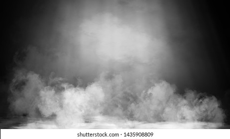 Dry ice smoke clouds fog floor texture. Perfect spotlight mist effect on isolated black background.