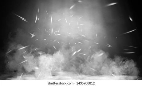 Dry ice smoke clouds fog floor texture. Perfect spotlight mist effect on isolated black background with particles embers.