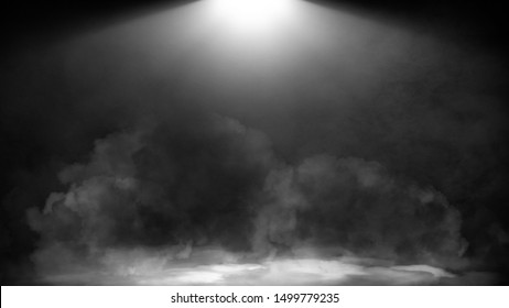 Dry Ice Smoke Clouds Fog Floor Texture.Perfect Spotlight Mist Effect On Isolated Black Background..