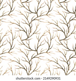 Dry tree branches. Brown intertwined branches. Watercolor seamless pattern on white background. Illustration for printing on fabrics, postcards, prints. 