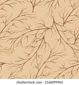 Dry tree branches. Tree seamless pattern on beige background. Intertwining forest ornament. Illustration for fabrics, decor, covers.