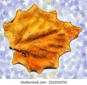 Dry Yellow Autumn Leaves, Edited Photo, Digital Watercolor Effect.