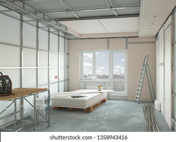 Drywall Installation In The Appartment Repair 3d Illustration