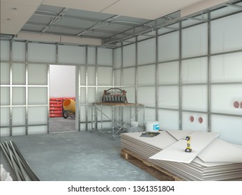 Drywall Installation In The Appartment Repair 3d Illustration