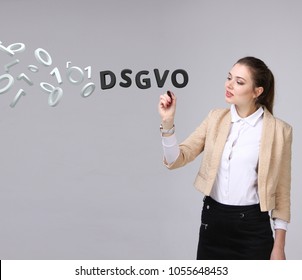 DSGVO, german version of GDPR, concept image. General Data Protection Regulation, protection of personal data. Young woman working with information. Datenschutz-Grundverordnung.