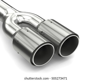 Dual exhaust pipe with carbon tips on white background. 3d illustration