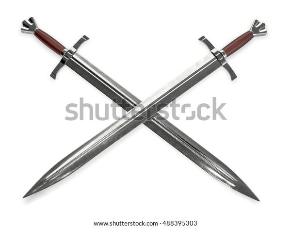 Dual Medieval Swords Wooden Handles 3d Stock Illustration 488395303