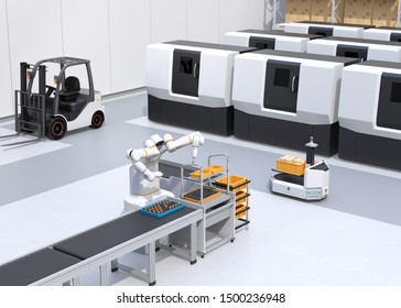Dual-arm robot assembly motor coils in cell-production space. AGV, forklift and CNC machines at background. Smart factory concept. 3D rendering image.