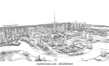 Dubai City 3D Render. 8K Aerial View