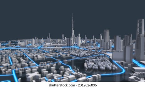 Dubai City 3D Render. 8K Aerial view